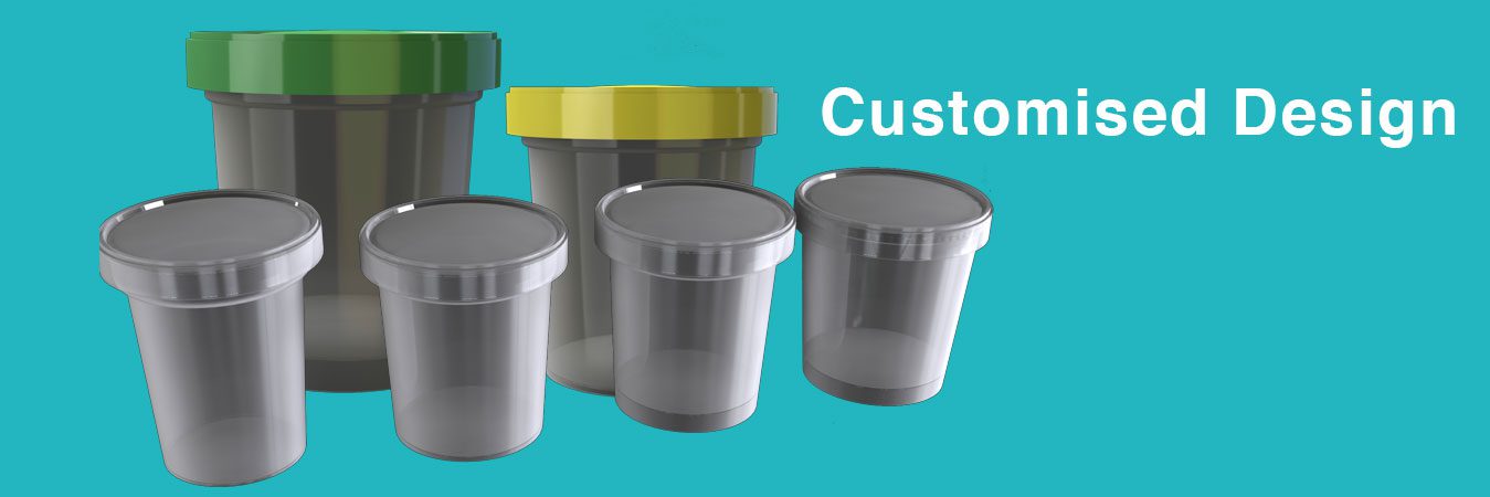 A group of plastic containers with the words custom written on them.