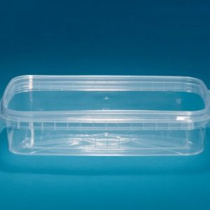 A plastic container on top of a blue background.