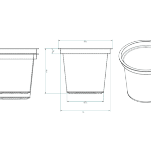 A drawing of three different sizes of plastic cups.