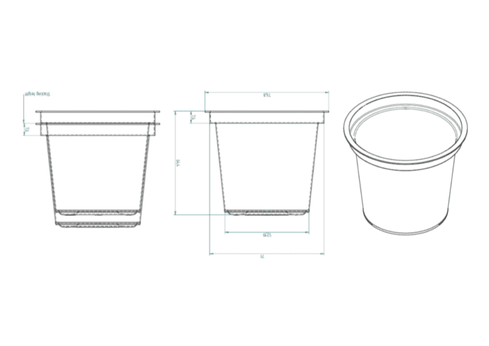 A drawing of three different sizes of plastic cups.