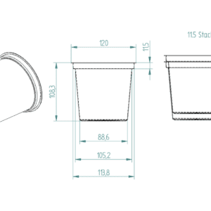 A drawing of the side view and top view of a cup.