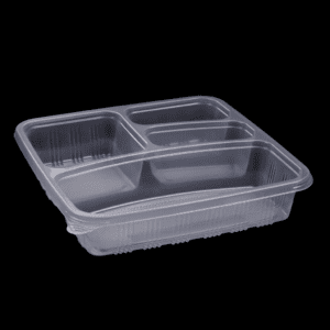 A plastic container with four compartments.