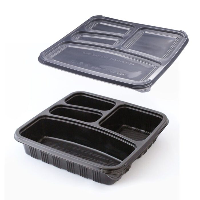 A black plastic container with four compartments.