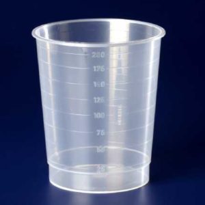 A plastic cup with measuring markings on it.