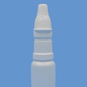 A white bottle with a blue background