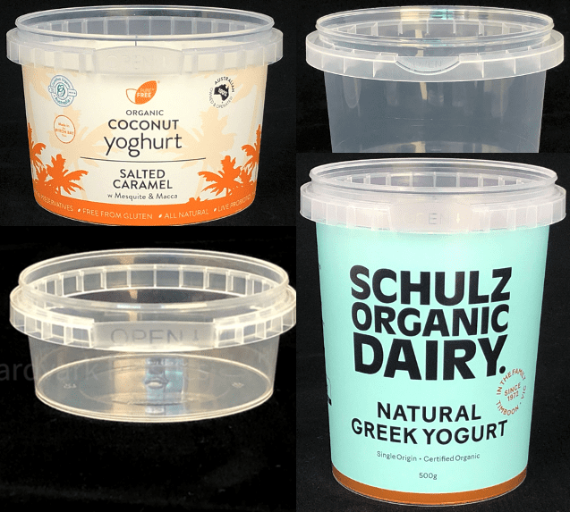 A collage of yogurt containers with different flavors.